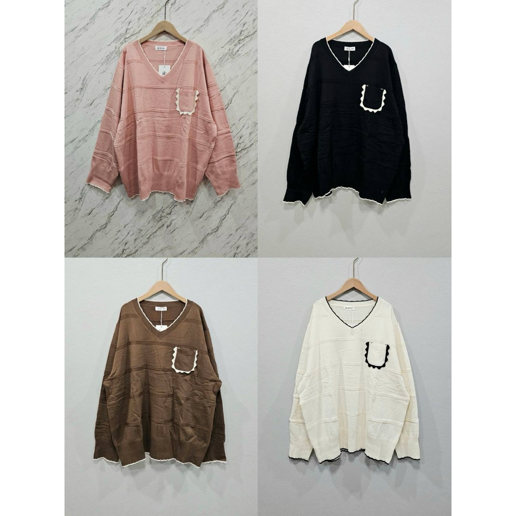 เสื้อไหมพรมแขนยาวคอวีมีกระเป๋าแต่งกุ๊นสวยๆ