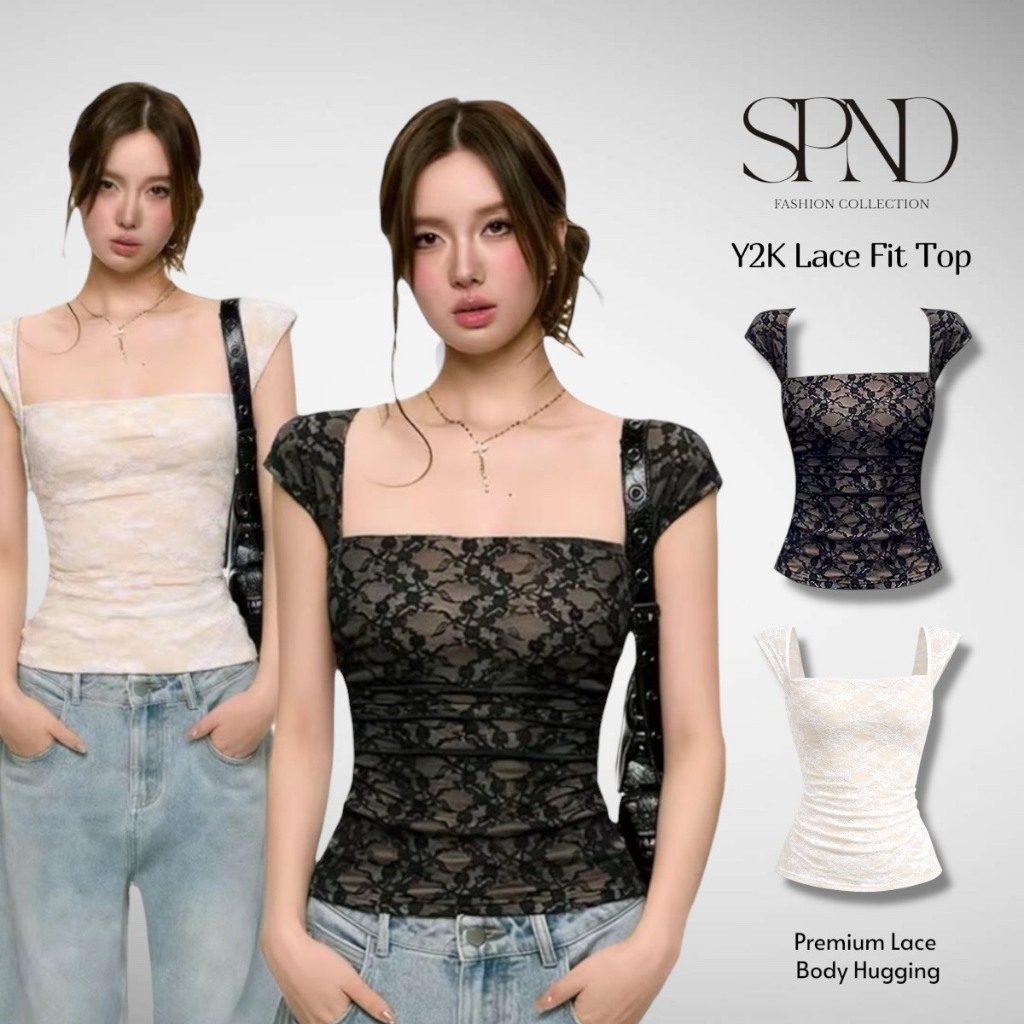 SPND【พร้อมส่ง】เสื้อแขนกุดลูกไม้ซีทรู ทรงอกสีเหลี่ยมช่วยขับช่วงคอและไหล่ให้ดูเรียวยาว มี2สี
