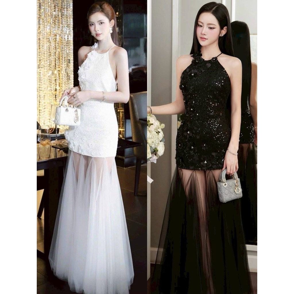 D11 งานป้าย Rattana Dress เดรสยาวสีขาวแต่งดอกไม้ ผ้าเป็นกริสเตอร์ สำหรับผู้หญิง เสื้อผ้าแฟชั่นผู้หญิง ไซส์ Xs-XL