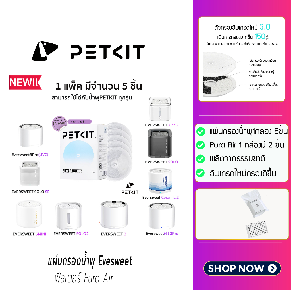 Y128 [ของแท้100%]( ไส้กรองน้ำพุ  แพ็ค5ชิ้น)  PETKIT Filter Eversweet ไส้กรอง น้ำพุทุกรุ่น & Filter Pura Air แผ่นกรอง