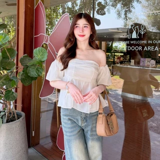 เสื้อแฟชั่น ผ้าซีฟอง เสื้อแขนสั้น เปิดไหล่แขนบอลลูน น่ารักๆๆ สม็อคหลัง ชายระบาย ใส่แมท ใส่ออกงาน สายคาเฟ่ LG098