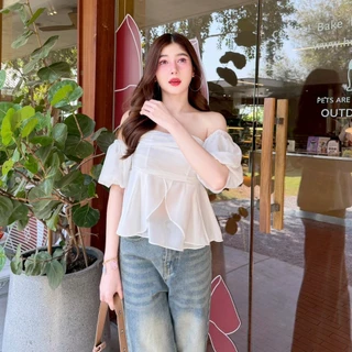 เสื้อแฟชั่น ผ้าซีฟอง เสื้อแขนสั้น เปิดไหล่แขนบอลลูน น่ารักๆๆ สม็อคหลัง ชายระบาย ใส่แมท ใส่ออกงาน สายคาเฟ่ LG098