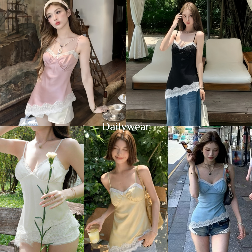 Dailywear พร้อมส่ง ✨เสื้อกั๊กสายเดี่ยวทรงไม่สมมาตร ดีไซน์ใหม่ปี 2026 ประดับลูกไม้และขนตา ปรับได้ สายสะพายไหล่ปรับได้