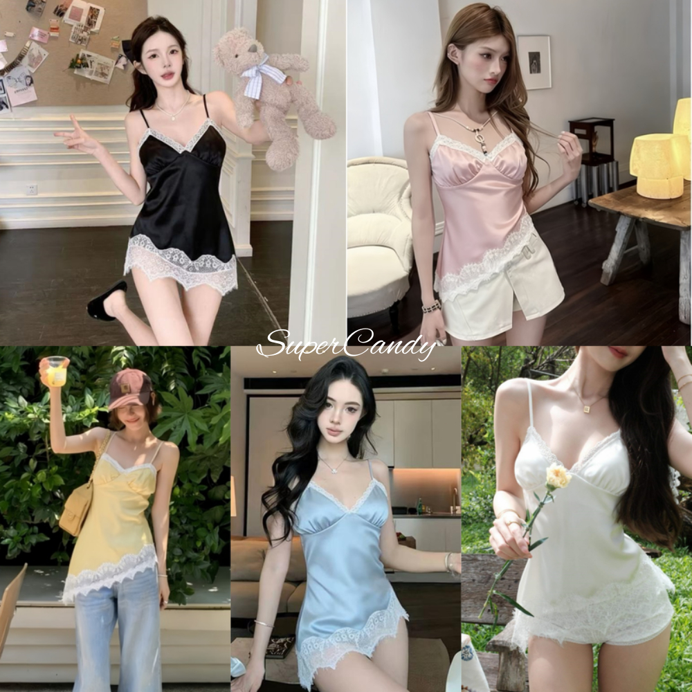 SuperCandy🌷เสื้อสายเดี่ยวผ้าซาตินคุณภาพเยี่ยม ดีไซน์ผูกเชือกด้านหลังและตกแต่งด้วยลูกไม้เนื้อนุ่ม สวมใส่สบาย