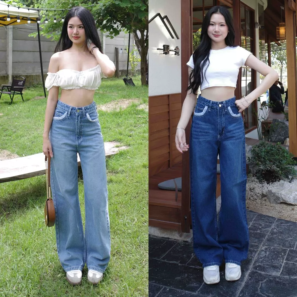 กางเกงยีนส์ขากระบอกลูกไม้กระเป๋า รุ่น Lily Jeans