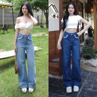กางเกงยีนส์ขากระบอกลูกไม้กระเป๋า รุ่น Lily Jeans