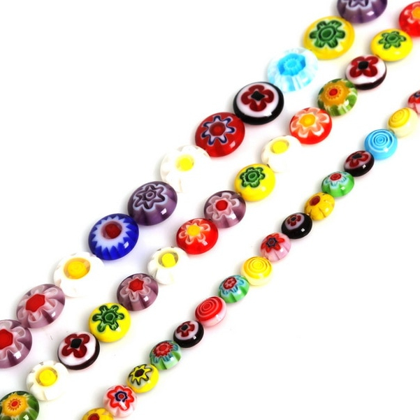 ลูกปัดแก้วลายดอกไม้อิตาลี (Millefiori) ทรงแบนกลมผสม 6-10mm สำหรับ DIY งานเครื่องประดับ