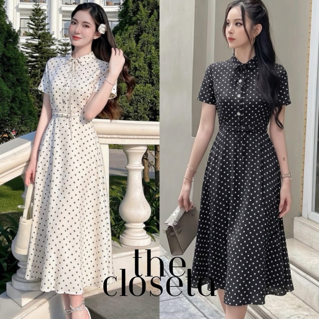 THE CLOSETA : LB607  ชุดเดรสคอปกแขนสั้นลายโพกาดอท