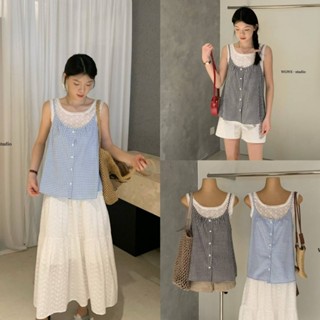 (พร้อมส่ง) Set2pcs เสื้อแขนกุดคอกลม+เสื้อสายเดี่ยวลายสก็อตรุ…