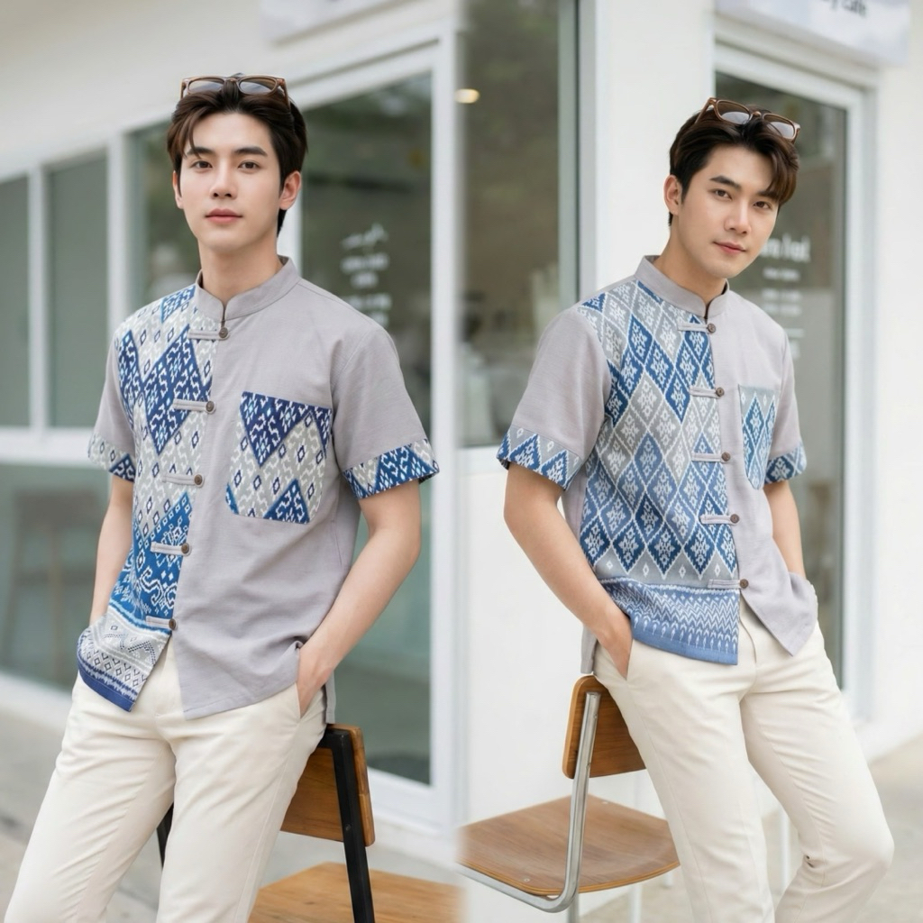 เสื้อพื้นเมืองผู้ชายคอจีน ทูโทนลายไทย