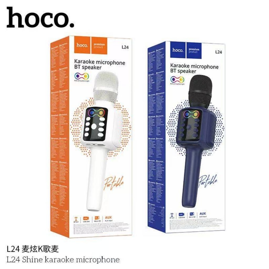 HOCO L24 ไมโครโฟนคาราโอเกะ 2in1 ลำโพงในตัว 5W ไฟ RGB ร้องเพลงได้ทุกที่ ไมค์ราคาโอเกะ ไมค์บลูทูธ