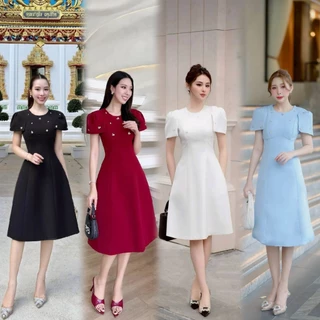 S-XXL✨ชุดเดรสสีขาว ครีม ดำ ฟ้า แดง ชมพู กระโปรงทรงบาน ใส่ออกงาน,ใส่ทำบุญ #สไตล์เบลล่า