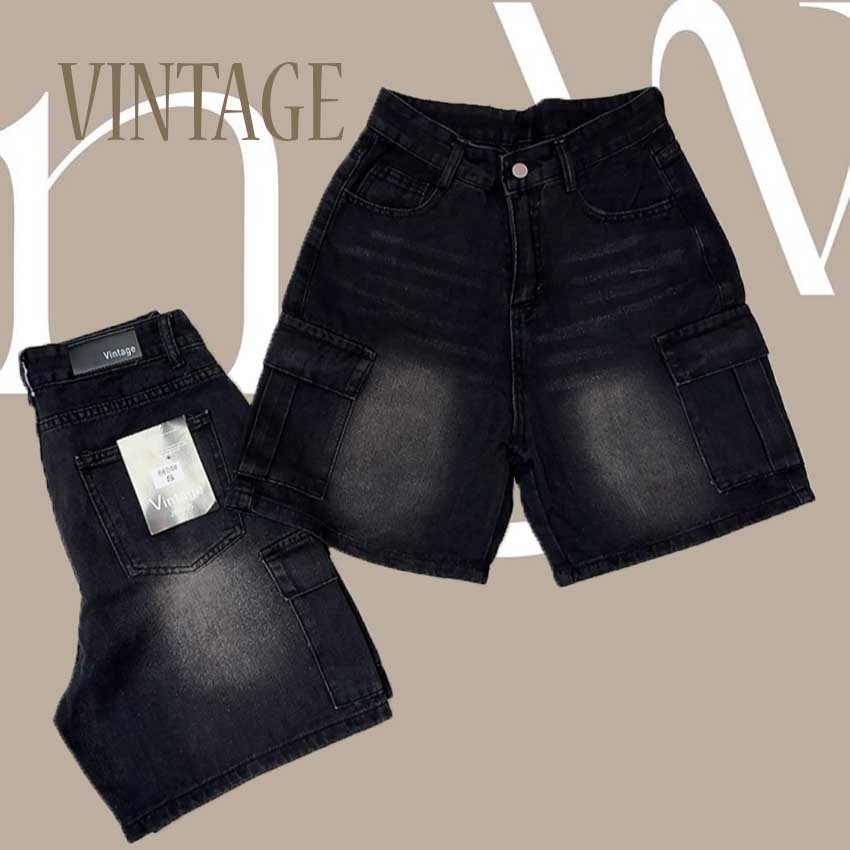 Vintage รุ่น 6025 กางเกงยีนส์ ขาสั้น สีดำ คาร์โก้ แต่งเฟดขา ทรงสวย ผ้าไม่ยืด กระเป๋าตรง 2 ใบ