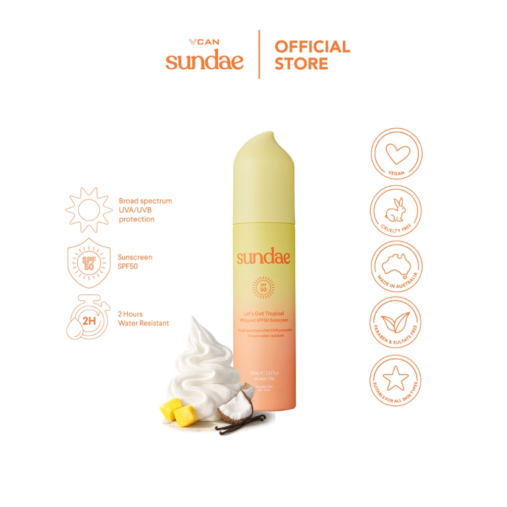Sundae Whipped SPF50 Sunscreen Tropical Scent 140g. ซันเด วิปโฟมกันแดด ซันสกรีน เอสพีเอฟ 50 กลิ่นทรอปิคอล