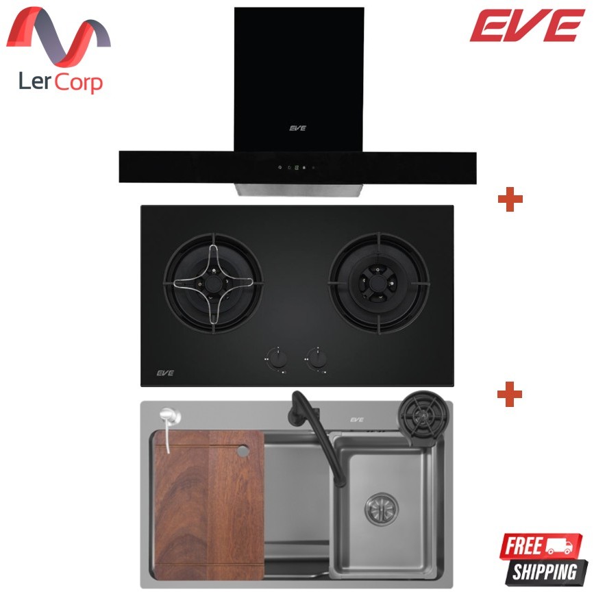 (Eve) เครื่องดูดควัน HC-LOFTBOX-90 + เตาแก๊สแบบฝัง 2 หัว HB78-2BCC/BG + อ่างล้างจาน ELITE 800/490 ฟรีก๊อกน้ำ