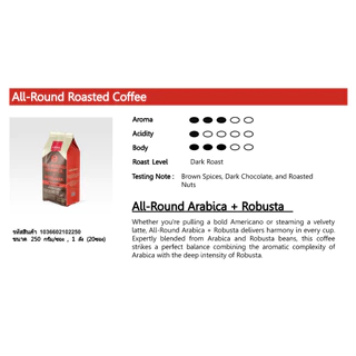 Aroma coffee เมล็ดกาแฟคั่ว All-Round Roasted Coffee ชนิดเม็ด บรรจุ 250กรัม/ซอง