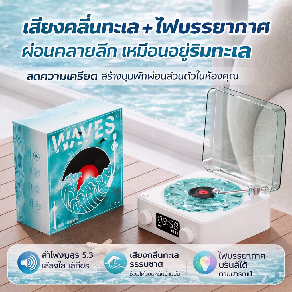 เครื่องเล่นไวนิล Waves ลำโพงบลูทูธ 5.3 เสียงขาว เสียงคลื่นทะเล ไฟบรรยากาศ ห้องนอน ช่วยนอนหลับ ลดเครียด ของขวัญแต่งห้อง
