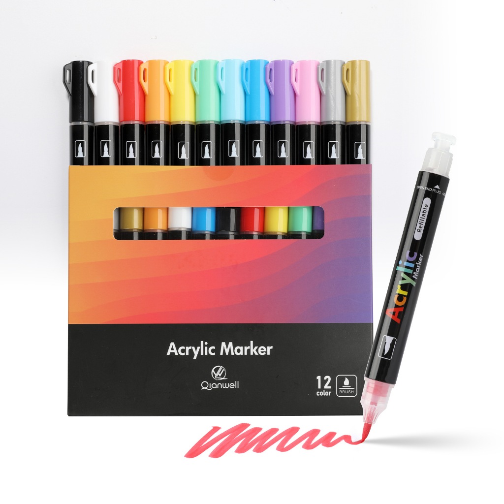 MW 12/24 สี ปากกาอะคริลิค-หัวพู่กัน ประเภทกด Brush-tip Press Acrylic Marker ชุดปากกามาร์กเกอร์อะคริล