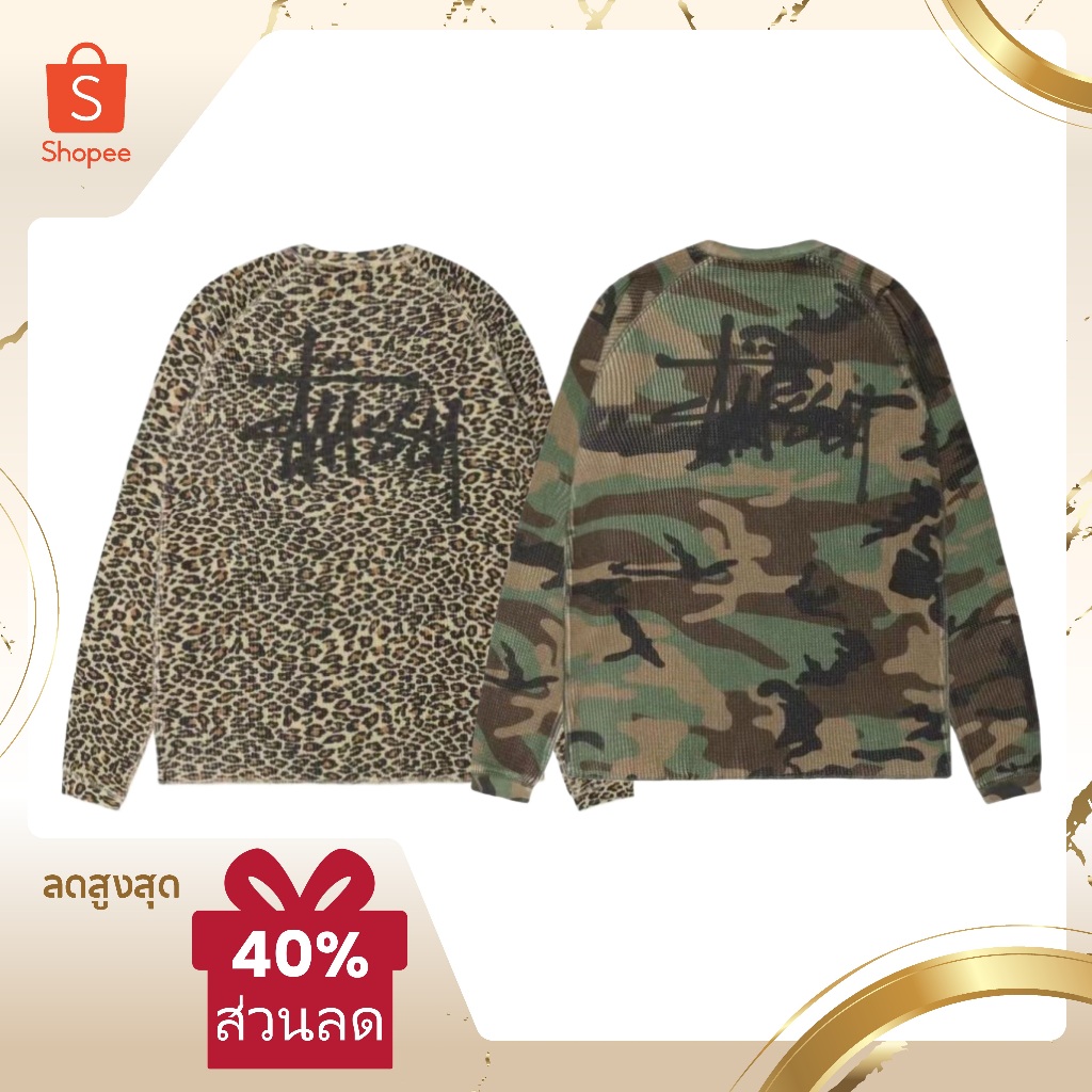 Stussy logo Design Waffle Long-sleeved T-shirt ไม่จำกัดเพศ ลวดลาย  เสื้อยืดแขนยาวลายวาฟเฟิล