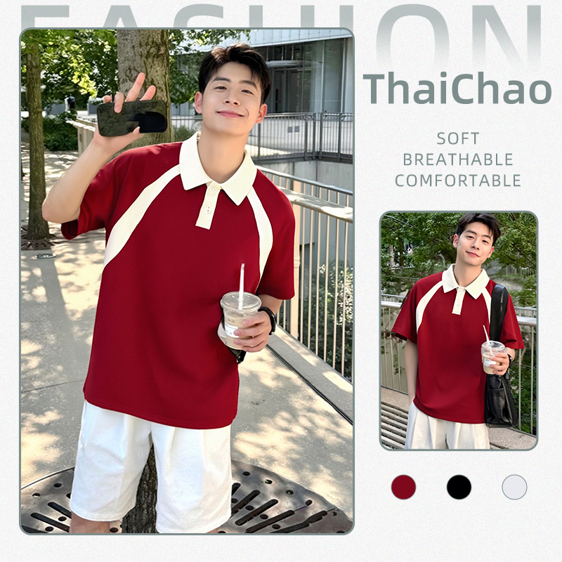 เสื้อโปโลตัดต่อสีตัดกันสไตล์เกาหลี สบายหลวม เรียบง่ายใช้คู่กับอะไรก็ได้