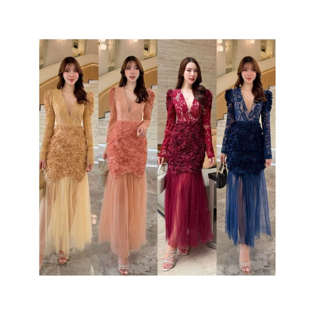 D7 งานป้าย Abigail Dress เดรสยาวลูกไม้แต่งดอกไม้3D สำหรับผู้หญิง สาวอวบ เสื้อผ้าแฟชั่นผู้หญิง ไซส์ S-3XL