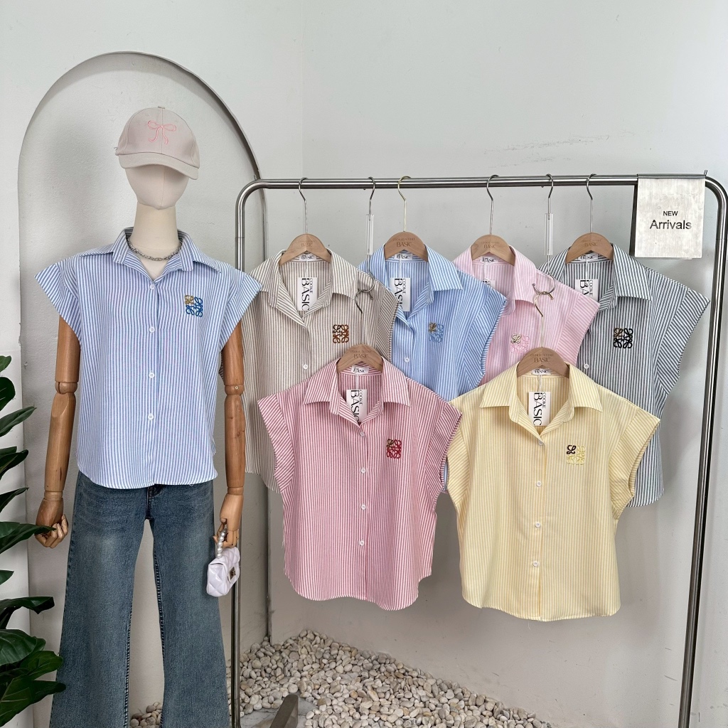 Mook_shop เสื้อเชิ้ตแขนล้ำลายริ้ว ปักอะไหล่ทอง  เสื้อผ้าแฟชั่น เสื้อผ้าผู้หญิง