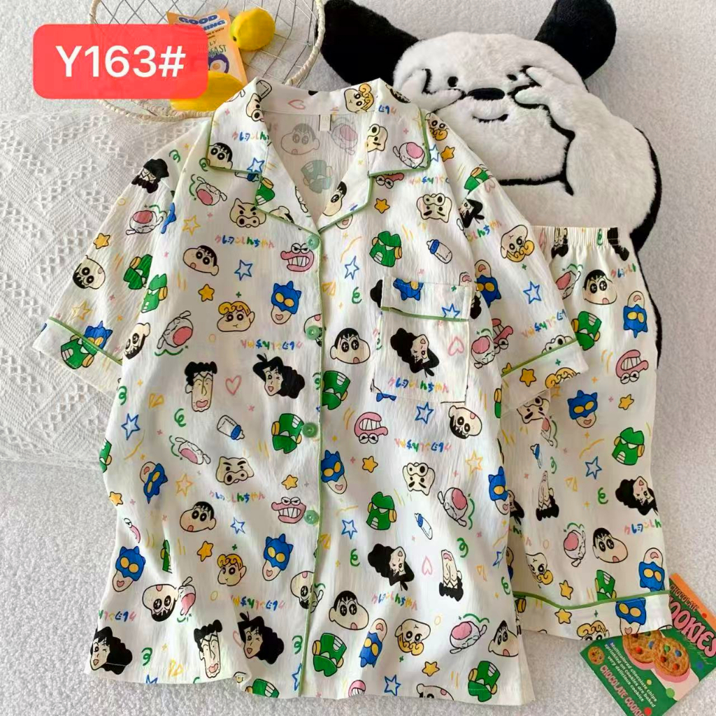เซตชุดนอนผ้าฝ้ายญี่ปุ่น เสื้อ+กางเกง คอปก ลายการ์ตูน สวมใส่สบาย ผ้านิ่มไม่เเข็ง 1024
