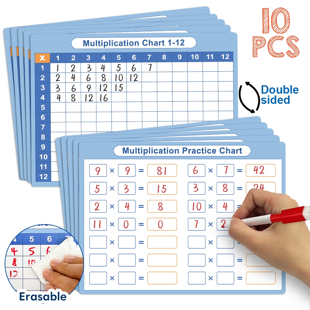 Dry Erase Times Table Maths Multiplication Chart for Kids Double-Sided Calculation Skills Mathematical  Practice Sheets