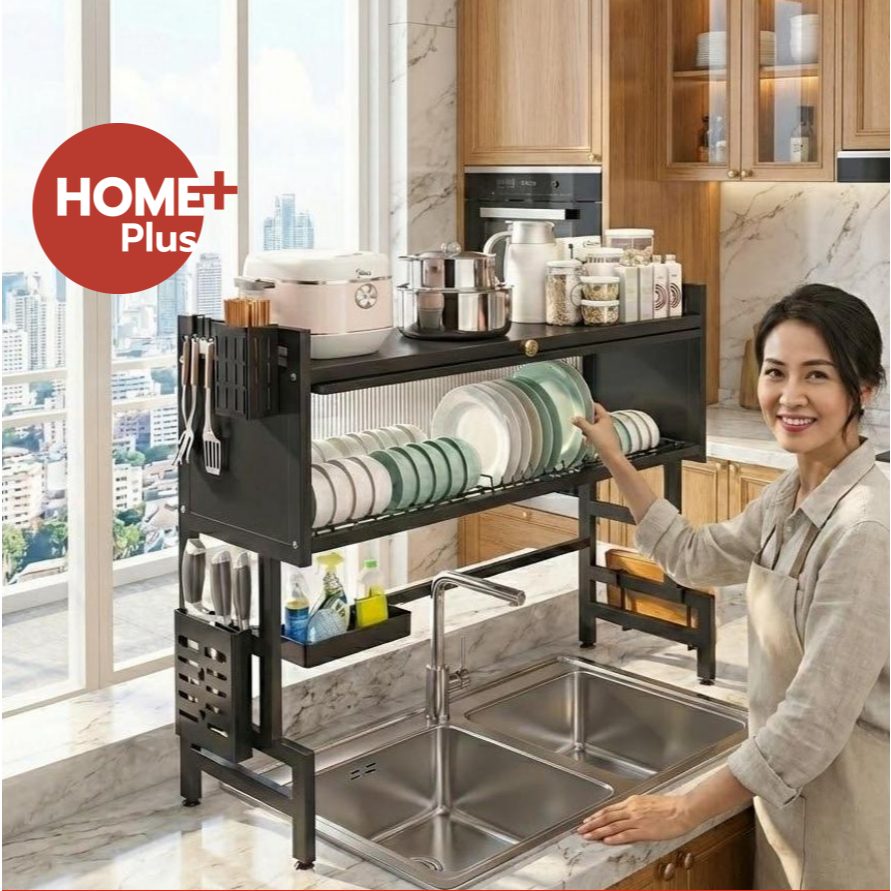 Homeplus [รุ่นอัพเกรด] ชั้นวางจานมีฝาปิด คร่อมอ่างล้างจาน กันฝุ่นสะอาด เหล็กหนาพิเศษ รับน้ำหนักได้ 80kg
