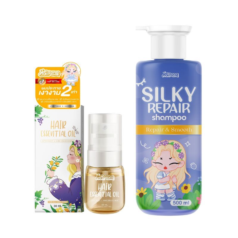 Livetined Hairona สูตรผมนุ่มลื่น  Shampoo 500ml + Hair Essence เซรั่มบำรุงผม30ML ,สูตรขัดจัดรังแค,สูตรลดความมัน
