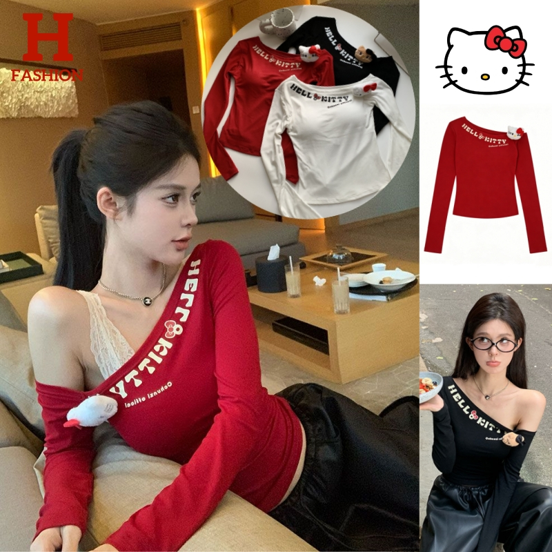 HOT Kitty พร้อมส่ง เสื้อแขนยาว เปิดไหล่ สีสดใส ทรงรัปรูปใส่ได้ทุกวัน FY8717