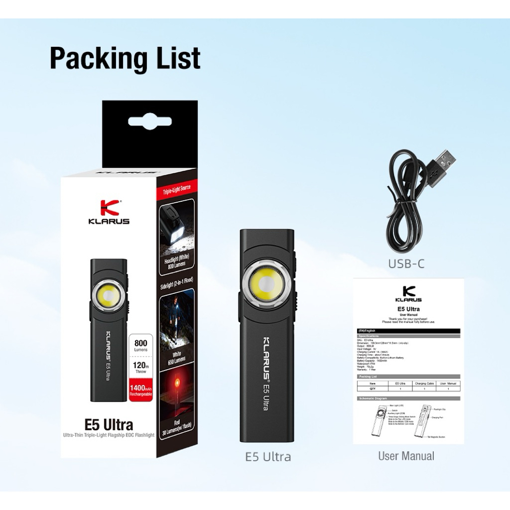 Klarus E5 Ultra ไฟฉายหลอดคู่ EDC อเนกประสงค์ ขนาดเล็ก สว่างเกินตัว 850Lms แบตชาร์จในตัว 1400mAh