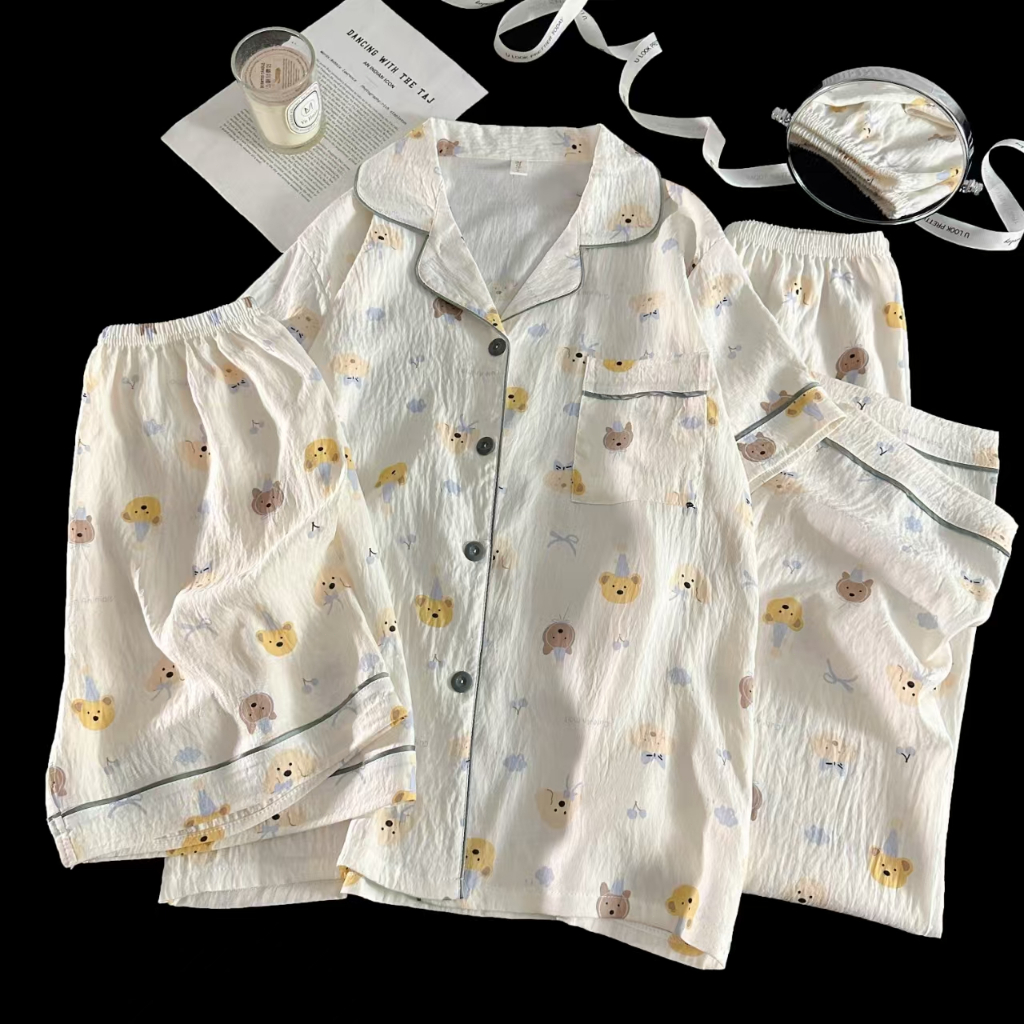 จุดเวฟการ์ตูนสีสันสดใส ชุดนอนสามชิ้น เสื้อแขนสั้น กางเกงขายาว กางเกงขาสั้น ผ้าสบาย เหมาะสำหรับวัยรุ่น จัดส่งจากประเทศไทย - รูปที่ 3