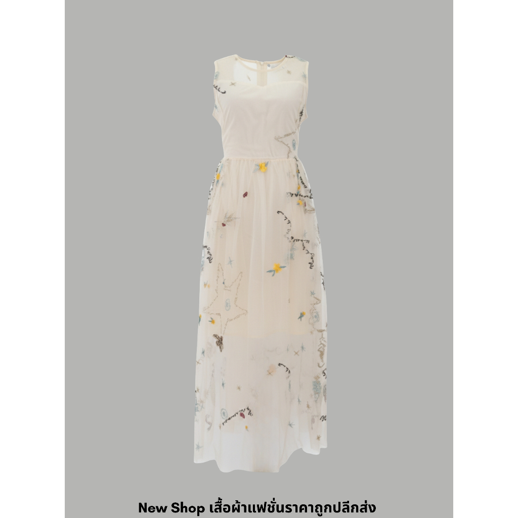 ชุดเดรสน่ารัก,ชุดเดรสไปทะเล สีครีม คอกลม แขนกุด ซิปซ่อนด้านหลัง ผ้าชีฟอง ความยาวชุด 51