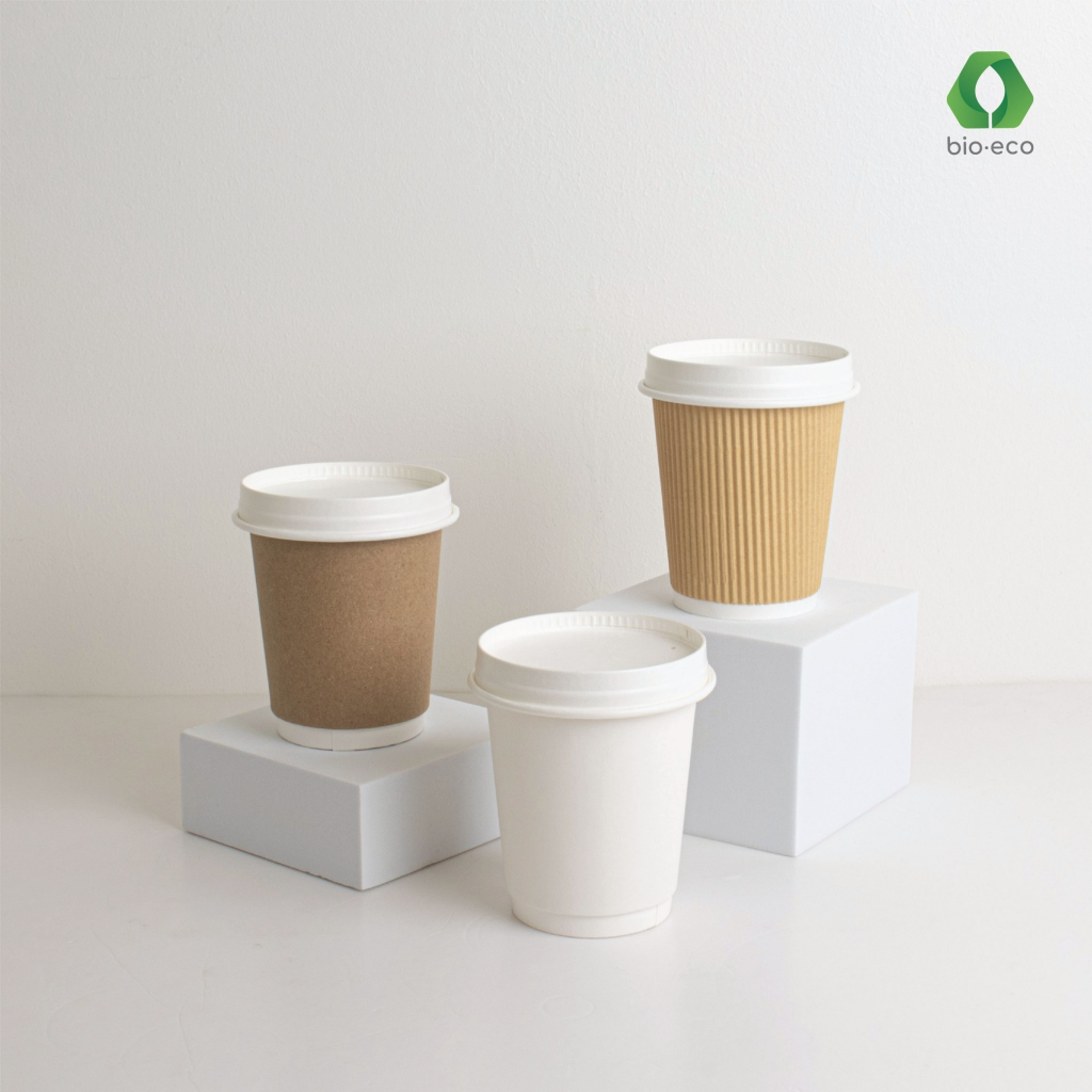 BIO-ECO แก้วกระดาษไบโอร้อนสองชั้น 8  Oz พร้อมฝา 80 มม. (50 ชุด) ย่อยสลายได้ 100%
