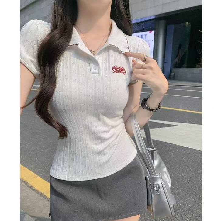 🔥Rosy Bra💥เสื้อยืดคอปกแขนสั้น เสื้อครอปไหมพรม กระดุมหน้า ผ้านิ่ม สไตล์เกาหลี สไตล์ลำลอง - รูปที่ 6