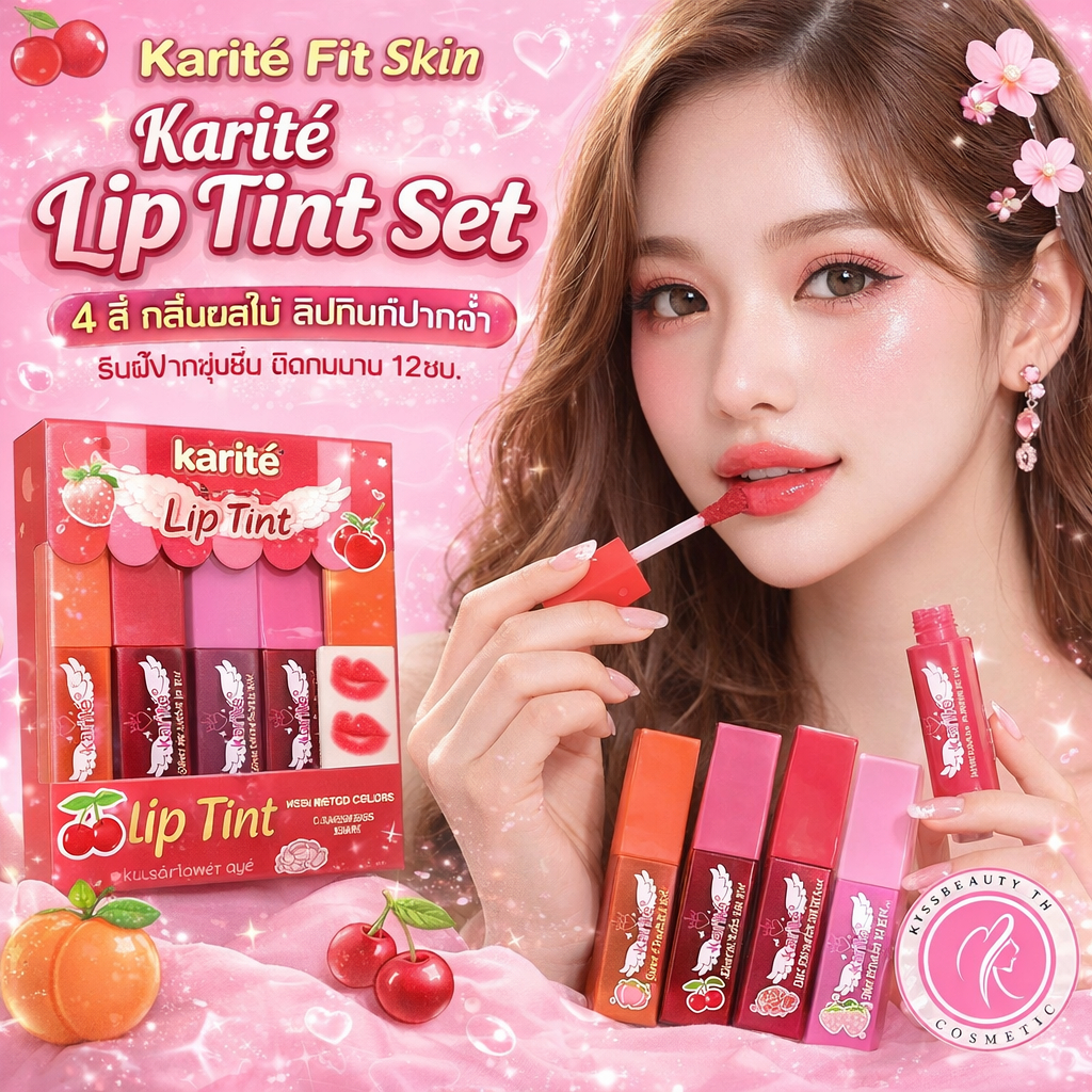 Karité Lip Tint Set 4 สี กลิ่นผลไม้ ลิปทินปากฉ่ำ ริมฝีปากชุ่มชื้น ติดทนนาน 12ชม.