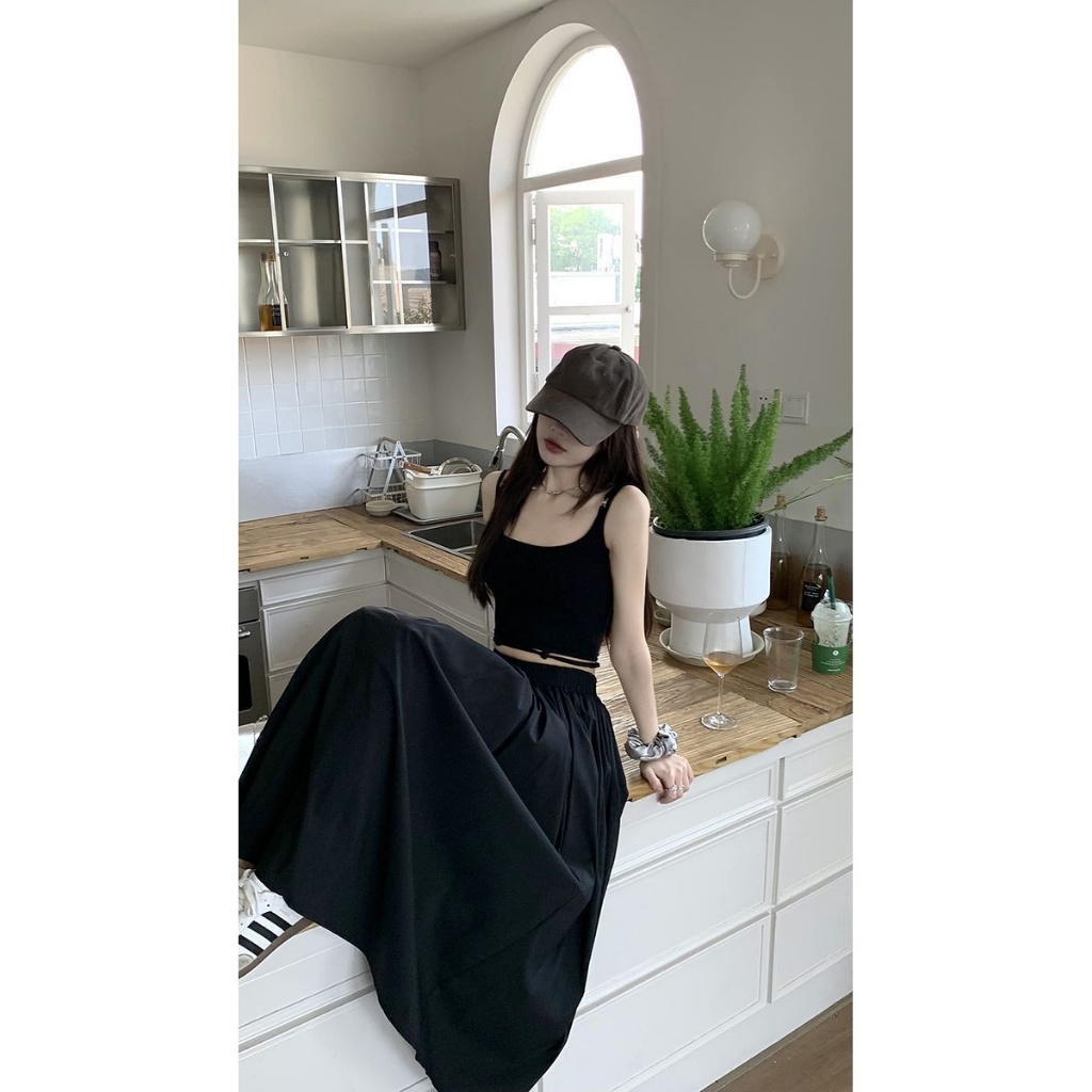 สีดำ ยาวพิเศษ กระโปรง กระโปรงทรงเอ เอวสูง หลวม ความทิ้งตัว การทำตัวให้ผอม ย้อนยุค บุคลิกภาพ - รูปที่ 4