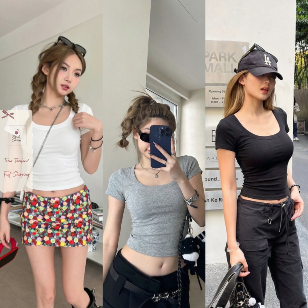 เสื้อยืดผู้หญิง แขนสั้น คอยู ไหล่ตรง ทรงเข้ารูป เสื้อครอป ใส่แล้วดูผอม หวานแซ่บ | Black Cherry