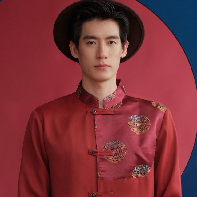 (JUN) CNY Shirt เสื้อตรุษจีนผู้ชาย สีแดงเข้มแต่งลาย รุ่น LHONG