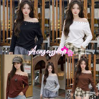 Acasey เสื้อปาดไหล่ แขนยาว ✨ Eyelet Chic Off-Shoulder Tee ✨ EL