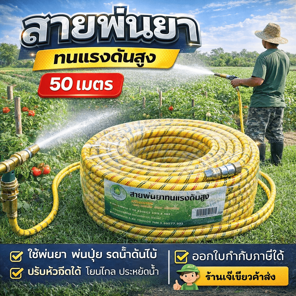 สายพ่นยาหนา 5ชั้นยาว 50เมตร เสริมใยถัก พร้อมหัวถักมาตรฐาน สายพ่นยาทนแรงดันสูง Hashitech