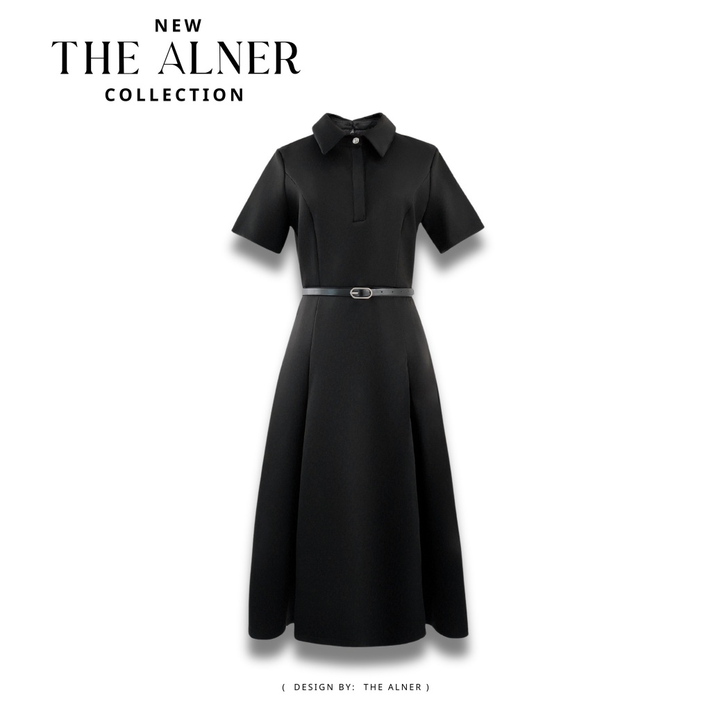 Thealner-AN662 (เดรสเดรสดำคอปกแขนสั้น+เข็มขัด)
