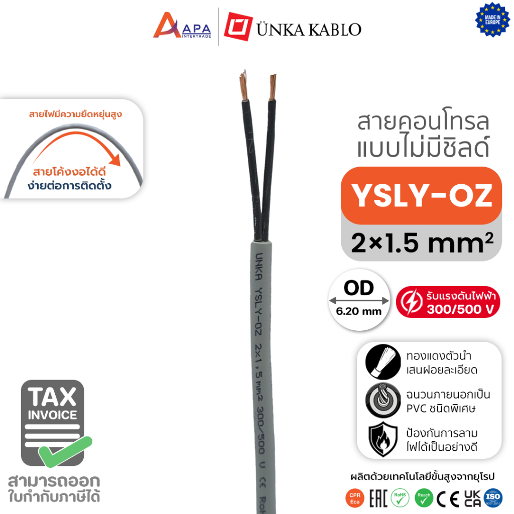 YSLY-OZ 2x1.5 sq.mm Unka Kabel สายคอนโทรล แบบไม่มีชิลด์ (ราคาต่อเมตร ) (สั่งขั้นต่ำ 10 เมตร)