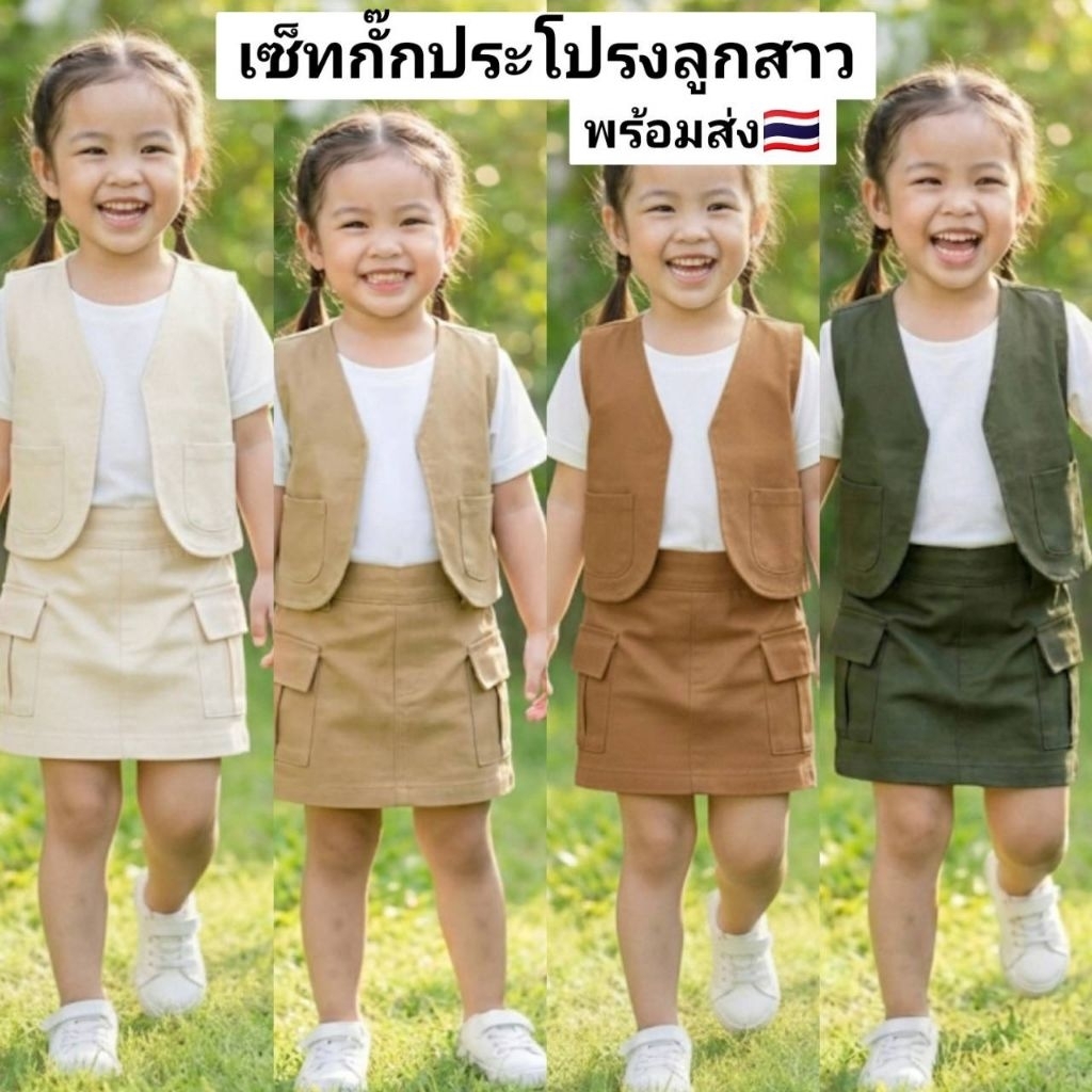 พร้อมส่ง🇹🇭 กั๊กลูกสาวพร้อมกระโปรงทรงA ชุดเดินป่าลูกสาว กั๊กเดินป่าเด็กผู้หญิง