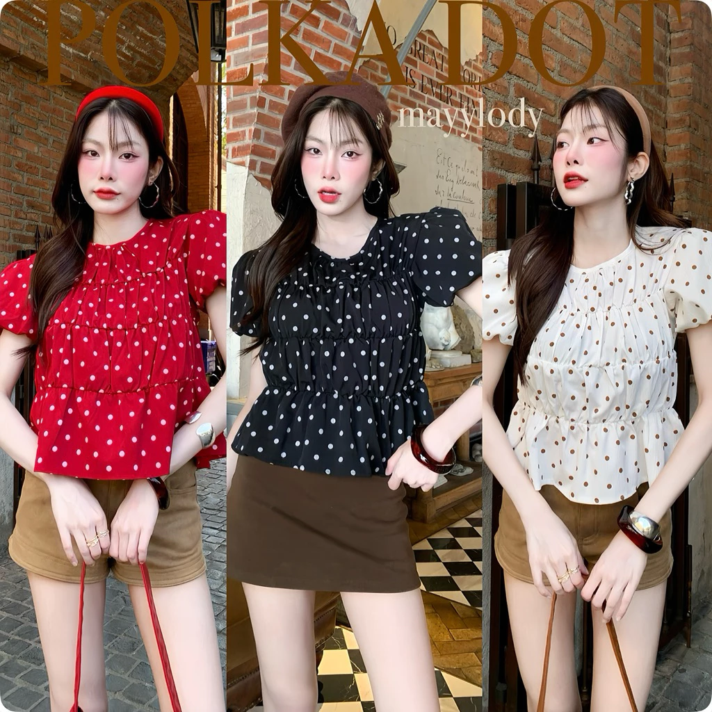 💓mayylody💓 LOVELY SWEET ครอปท็อป แขนบอลลูน สม็อคจั้มรอบตัว ลายจุด สุดฮิต 🌷🪞🌤️🍃 เสื้อครอป ครอป สไตล์เกาหลี