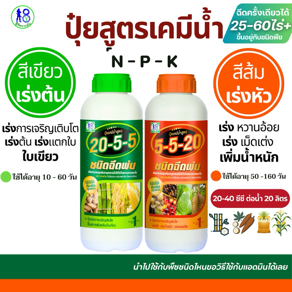 ปุ๋ยน้ำผู้จัดการมัน 20-5-5 & 5-5-20 เร่งต้นใบ โตไว เร่งหัว ขนาด 1 ลิตร ฉีดได้ 60 ไร่+ สำหรับมัน อ้อย ข้าว พืชทุกชนิด