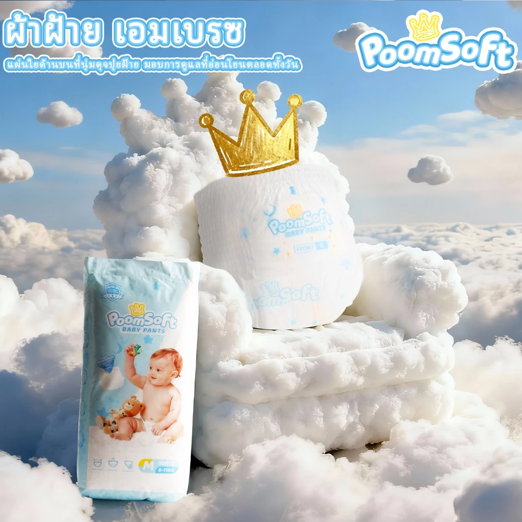 Poomsoft 50ชิ้น ผ้าอ้อมเด็ก นุ่ม บางเบา ทิ้งได้ง่าย ผ้าอ้อม กางเกง&เทป Baby Diaper Pants NB-4XL thumbnail 10