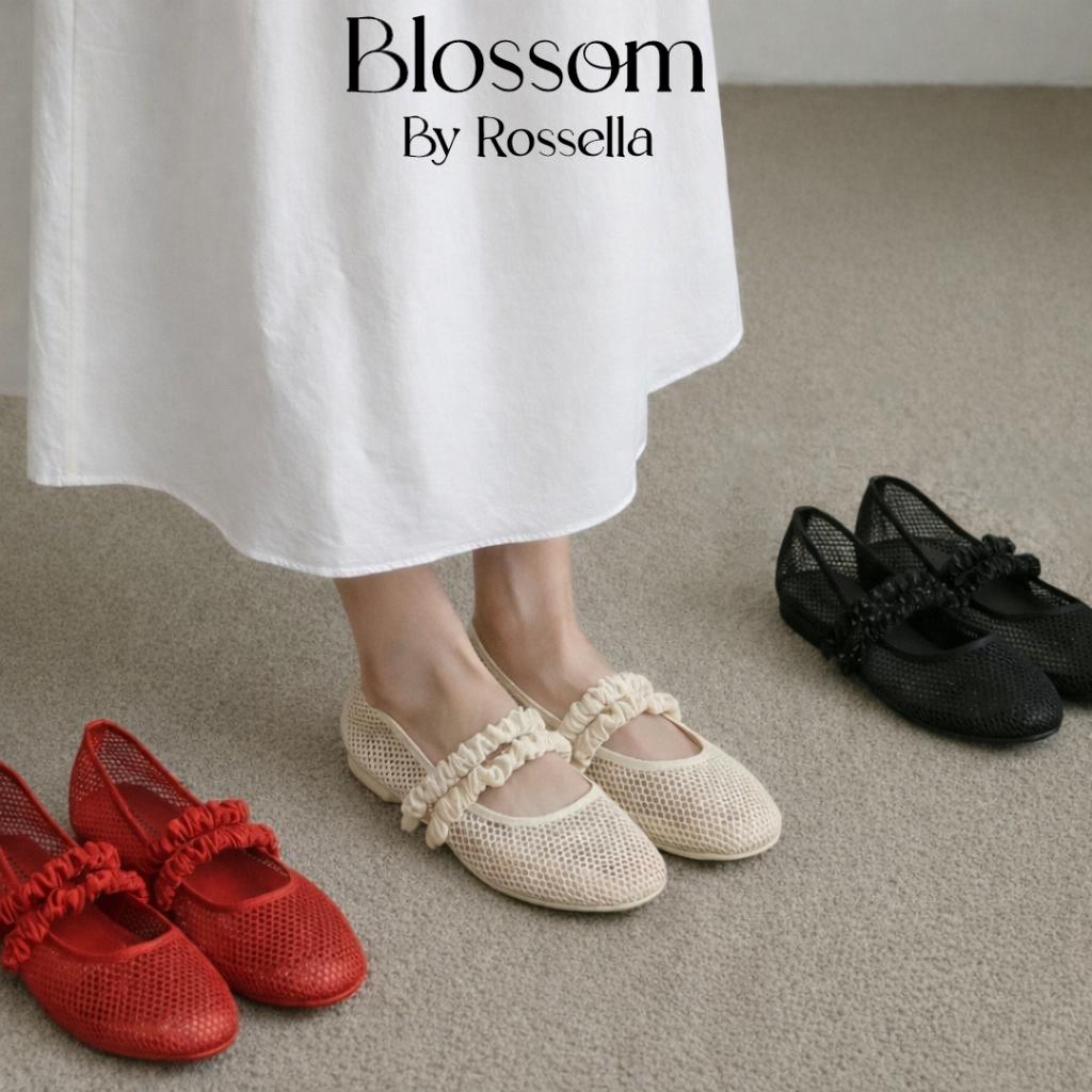[รุ่นพื้นหนานุ่ม] รองเท้าแมรี่เจนตาข่ายคาดสครันชี่ ( Mary Jane ) รุ่น Blossom by Rossella