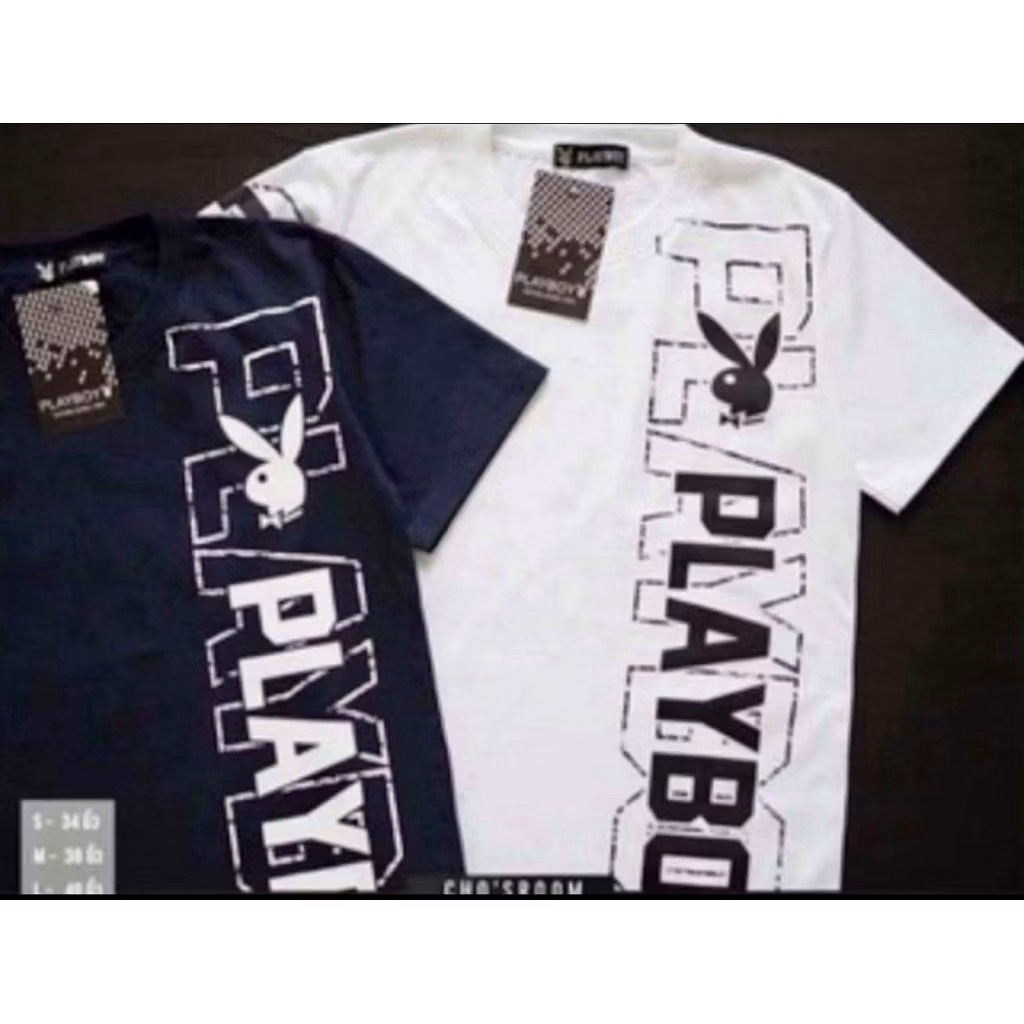 มาใหม่ล่าสุดเสื้อยืดเพลบอยงานสกรีนแน่นๆด้านข้างใส่ได้ทั้งหญิงและชาย เสื้อคู่ คอกลมแขนสั้นผ้าคอตตอนแท้100%